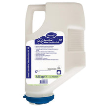 Um cartucho de plástico branco de 4,5 kg Diversey Suma Revoflow Max Pur Eco 0P P2, um detergente de alta performance para louça, ecológico, sem cloro e sem fosfato, com tampa azul e rótulo detalhado.