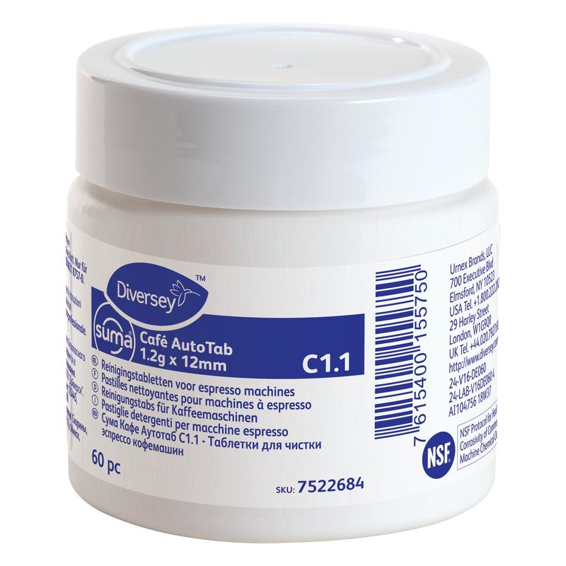 Um recipiente de plástico branco da Diversey Deutschland GmbH & Co. OHG, com a inscrição "Suma Café AutoTab pastilhas de limpeza para máquinas de café expresso 60 unid.", remove gorduras e óleos de café e prolonga a vida útil da máquina. Inclui etiqueta multilingue.