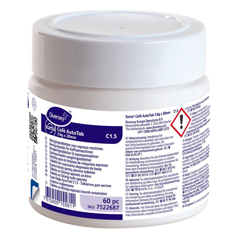 Um recipiente de plástico branco com a inscrição "Suma Café AutoTab pastilhas de limpeza para máquinas de café expresso 60 unid." da Diversey Deutschland GmbH & Co. OHG contém 60 pastilhas para remoção de óleos/gorduras de café. A etiqueta contém instruções de segurança e uso, bem como um símbolo de aviso.