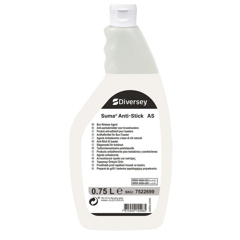 Uma garrafa de 750 ml de Suma Anti-Stick AS antiaderente para torradeiras da Diversey Deutschland GmbH & Co. OHG, com rótulo branco, alça ergonômica e instruções multilingues - perfeito para a limpeza profissional de torradeiras de cozinha.