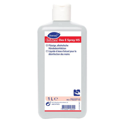 Uma garrafa branca de 1 litro de Soft Care Des E Spray H5 da Diversey Deutschland GmbH & Co. OHG, com tampa azul e rótulo em alemão e francês. Desinfecção das mãos à base de álcool, eficaz - ideal para uso em movimento.