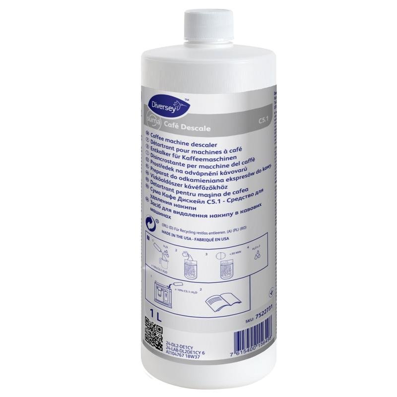 A garrafa branca de 1 litro Diversey Deutschland Suma Café Descale C5.1 descalcificador de máquinas de café com rótulo azul e tampa de rosca branca é destinada à remoção de depósitos de calcário em máquinas de café profissionais.