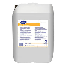 Um recipiente de plástico branco de 20 litros com a inscrição "Suma Antifoam, Antiespumante para lavagem automática" da Diversey Deutschland GmbH & Co. OHG com inscrição multilíngue em um rótulo azul/amarelo, com alça e tampa escura. Ideal para lavagem automática.