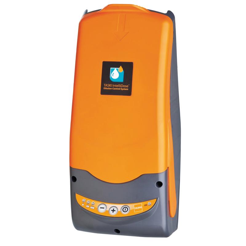 O Diversey TASKI IntelliDose swingo 2100 Micro é um sistema de dosagem montado na parede, laranja e cinza, para máquinas de limpeza com rodas, equipado com um painel de controle digital, ideal para uma limpeza eficiente. Embalagem: 1 peça.