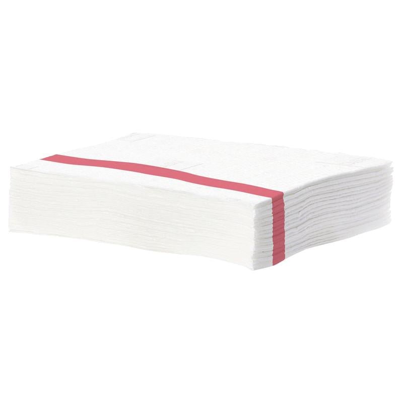 Um feixe de guardanapos brancos, amarrados com uma fita vermelha, assemelham-se aos panos de microfibra descartáveis TASKI SUM vermelhos (42x34 cm), que removem 99% das bactérias - oferecidos pela Diversey Deutschland GmbH & Co. OHG em caixas com 40 pacotes.