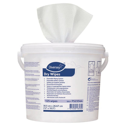 Um recipiente de plástico branco com alça e tampa contém toalhetes descartáveis DI Dry Wipes da Diversey Deutschland GmbH & Co. OHG, 125 folhas; a etiqueta mostra informações do produto em várias línguas, com um pano sendo retirado.