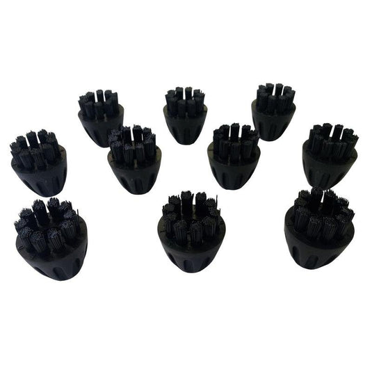 Dez escovas de nylon pretas idênticas para o TASKI Steamer da Diversey Deutschland GmbH & Co. OHG (embalagem com 10 unidades) estão espalhadas sobre um fundo branco e possuem cerdas curtas e rígidas dispostas em tufos, para um melhor desempenho de limpeza.
