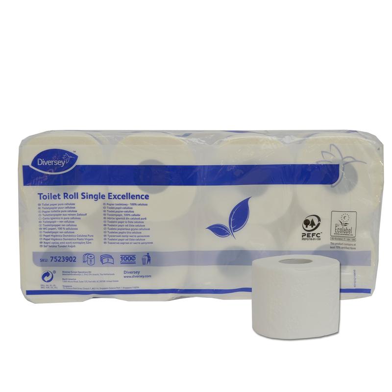 Um pacote com 8 rolos de papel higiénico Diversey Single Excellence (3 camadas, celulose pura, branco brilhante, 250 folhas/rolo) da Diversey Deutschland GmbH & Co. OHG, com um rolo na frente; na embalagem estão impressas informações do produto e o logotipo da certificação ecológica.