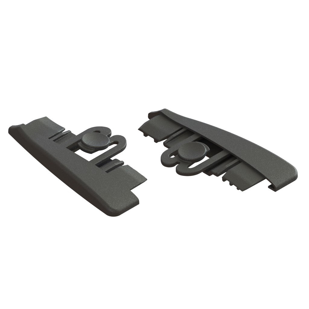 Duas tampas finais pretas Jonmaster UltraPlus L/R de plástico da Diversey Deutschland GmbH & Co. OHG, usadas como tampas de substituição para o suporte de esfregona UltraPlus, apresentadas com bordas arredondadas e mecanismos de bloqueio em fundo branco (2 pacotes/caixa).