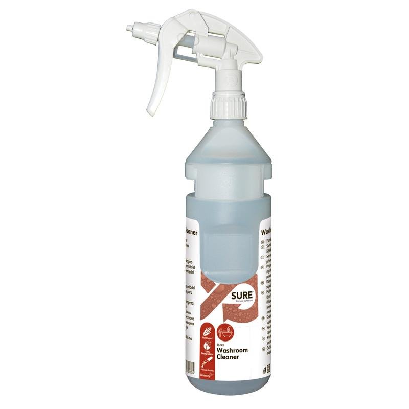Um kit de garrafa de 0,75L de SURE Washroom Cleaner garrafa de recarga incluindo fita de dispensador da Diversey Deutschland, adequado para sistemas Divermite e DQFM, com ingredientes vegetais e rótulo branco e vermelho.