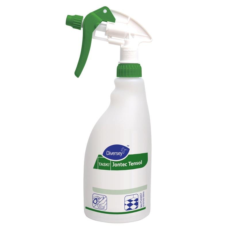 Um frasco pulverizador branco de 0,5L para Jontec Tensol da Diversey Deutschland GmbH & Co. OHG com gatilho verde e símbolos de limpeza, ideal para a limpeza eficaz de pisos duros.