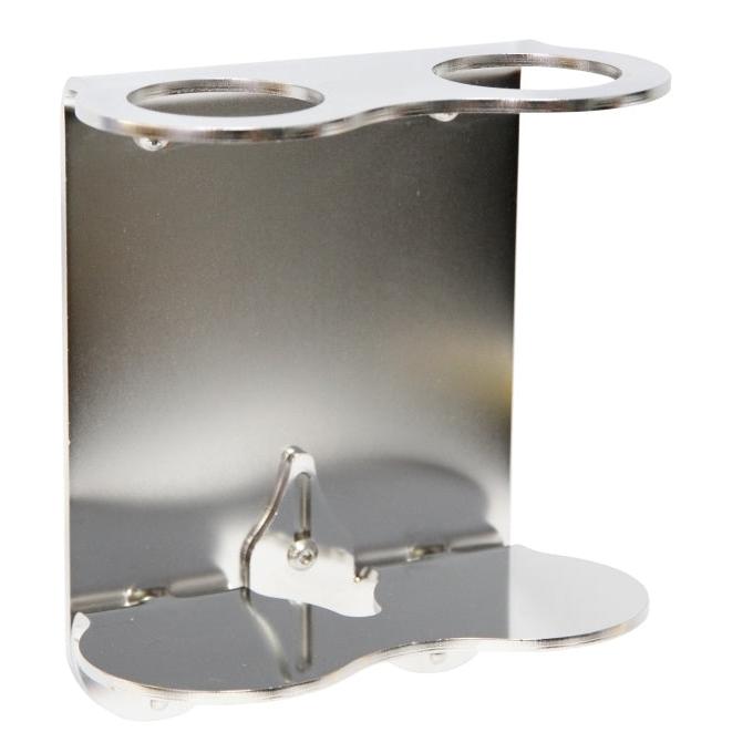 O suporte de parede LAPE da Diversey Deutschland GmbH & Co. OHG é um suporte de parede em aço inoxidável com duas aberturas superiores circulares e uma superfície inferior curva, ideal para a fixação segura de objetos ou recipientes cilíndricos.