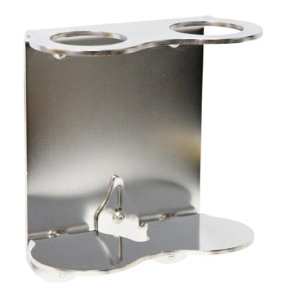 O suporte de parede LAPE da Diversey Deutschland GmbH & Co. OHG é um suporte de parede em aço inoxidável com duas aberturas superiores circulares e uma superfície inferior curva, ideal para a fixação segura de objetos ou recipientes cilíndricos.