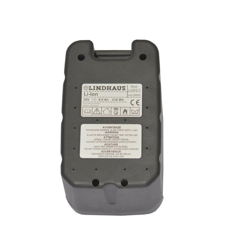 Uma bateria de lítio TASKI retangular cinza de 36V 6Ah da Diversey Deutschland GmbH & Co. OHG, adequada para o TASKI Aero BP Lithium e TASKI swingo 150 B, com dados técnicos e símbolos de certificação em fundo branco.