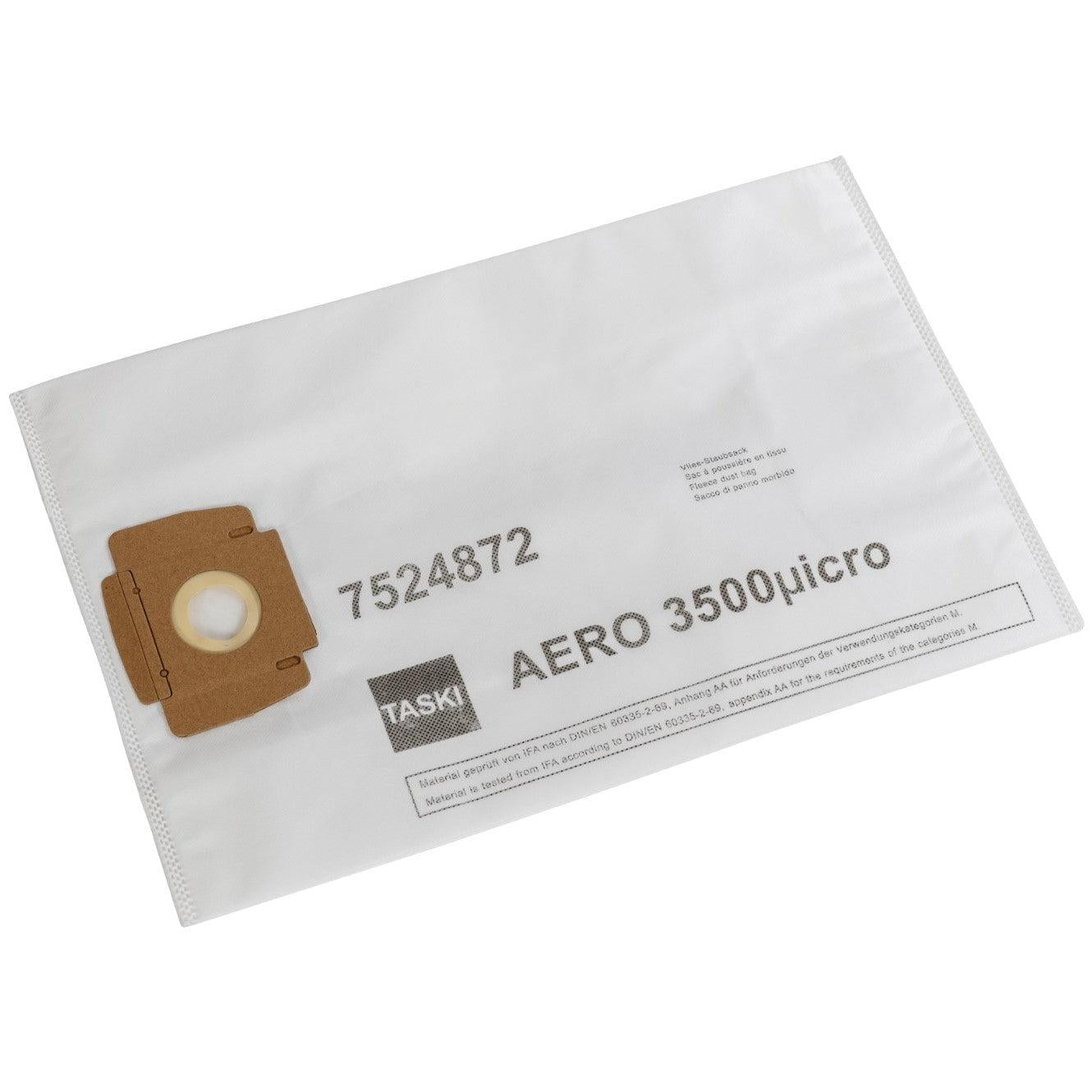 Um saco de pó de velo branco AERO 3500 da Diversey Deutschland GmbH & Co. OHG, com colarinho de papelão e abertura redonda no lado esquerdo; rotulado com "AERO 3500" e "7524872". Informação do produto no lado direito. Vendido em caixas com 10 pacotes.