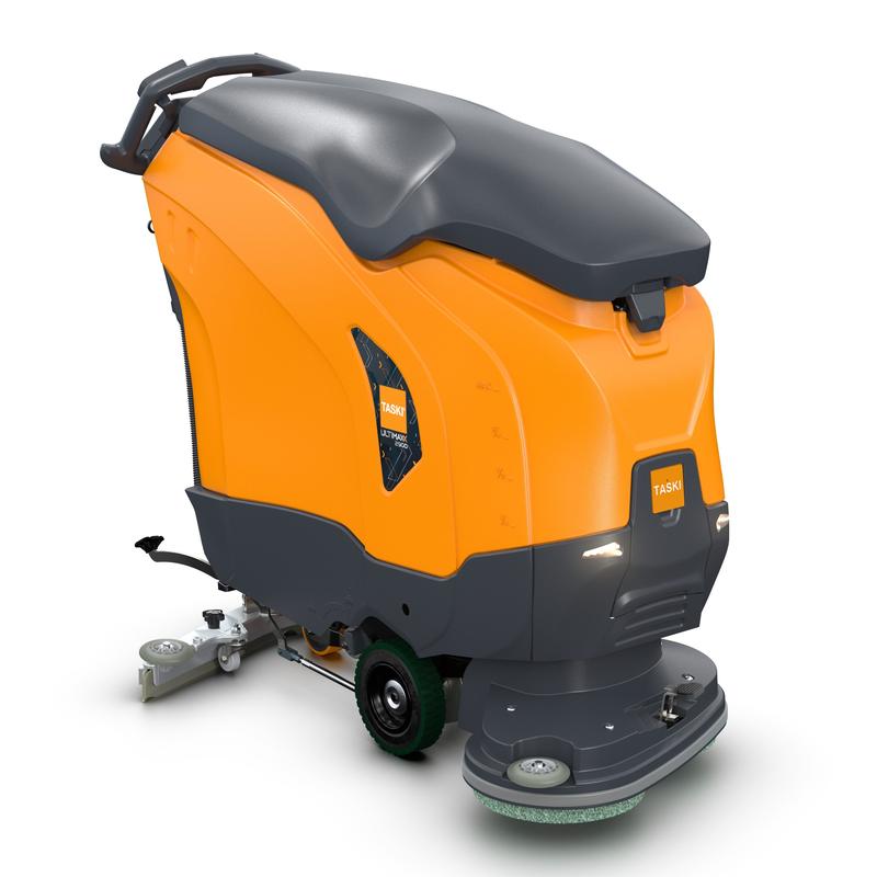 A TASKI ULTIMAXX 2900 DD65 Performance da Diversey Deutschland GmbH & Co. OHG é uma máquina de limpeza e aspiração de nova geração com tração nas rodas, tanque de 63L, disco duplo de 65cm, carroceria laranja/cinza, alça traseira e escovas circulares montadas na frente.