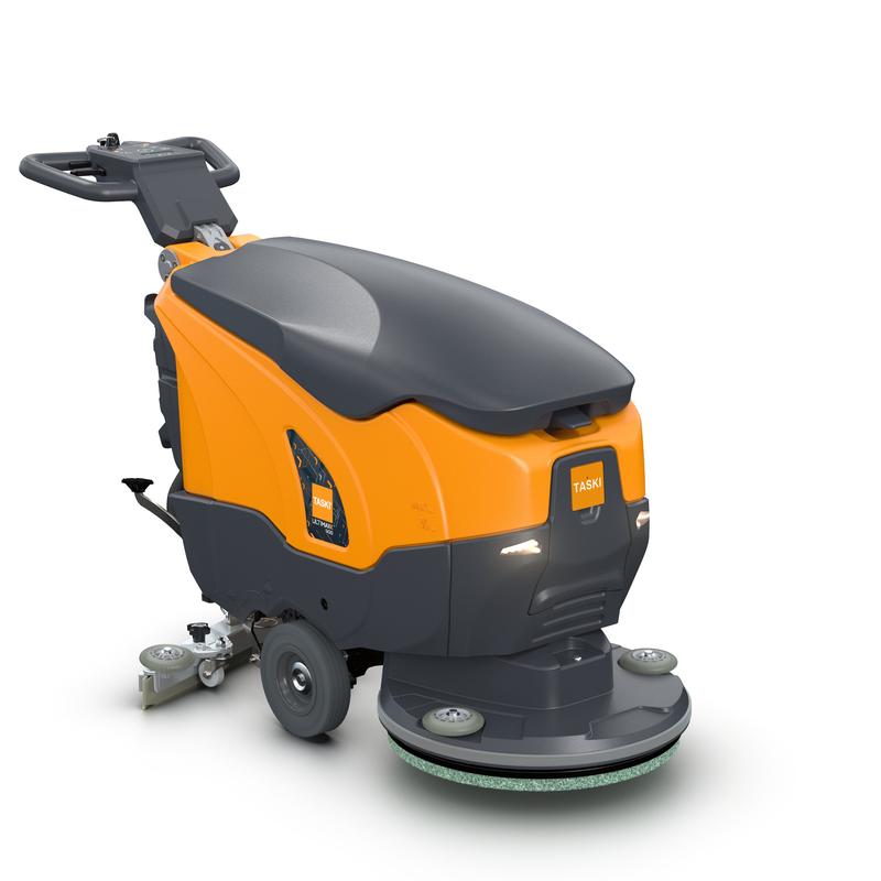 A TASKI ULTIMAXX 900 SD50 P da Diversey Deutschland é uma máquina de limpeza a seco laranja e cinza, sem motor, com alavanca de controle, duas rodas grandes, um tanque de 20L e um disco único frontal de 50cm sobre um fundo branco.