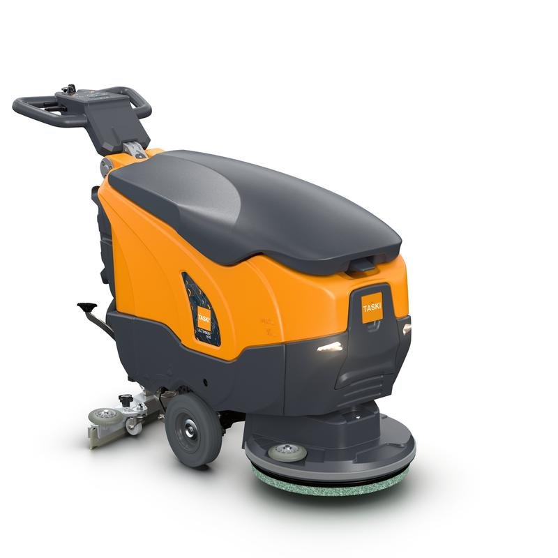 A TASKI ULTIMAXX 900 SD43 P BMS 13A da Diversey é uma máquina de limpeza e aspiração comercial de próxima geração com um tanque de 20L, disco único de 43cm, alça de controle, rodas e marca "TASKI" em laranja e preto. Sem acionamento; contém uma unidade por embalagem.