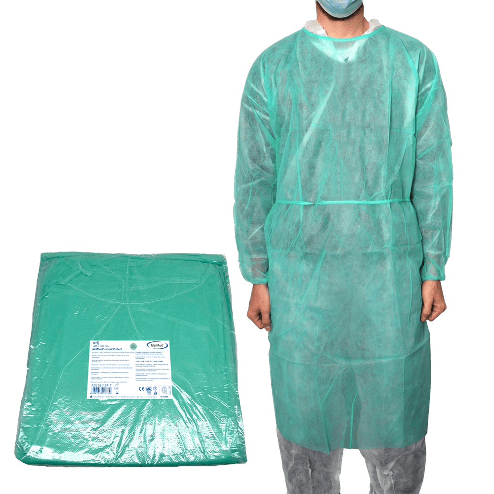 MaiMed-Coat Protect, bata protetora em lã, verde não estéril, punhos elásticos, comprimento 120cm, 10 peças | Pacote (10 peças)