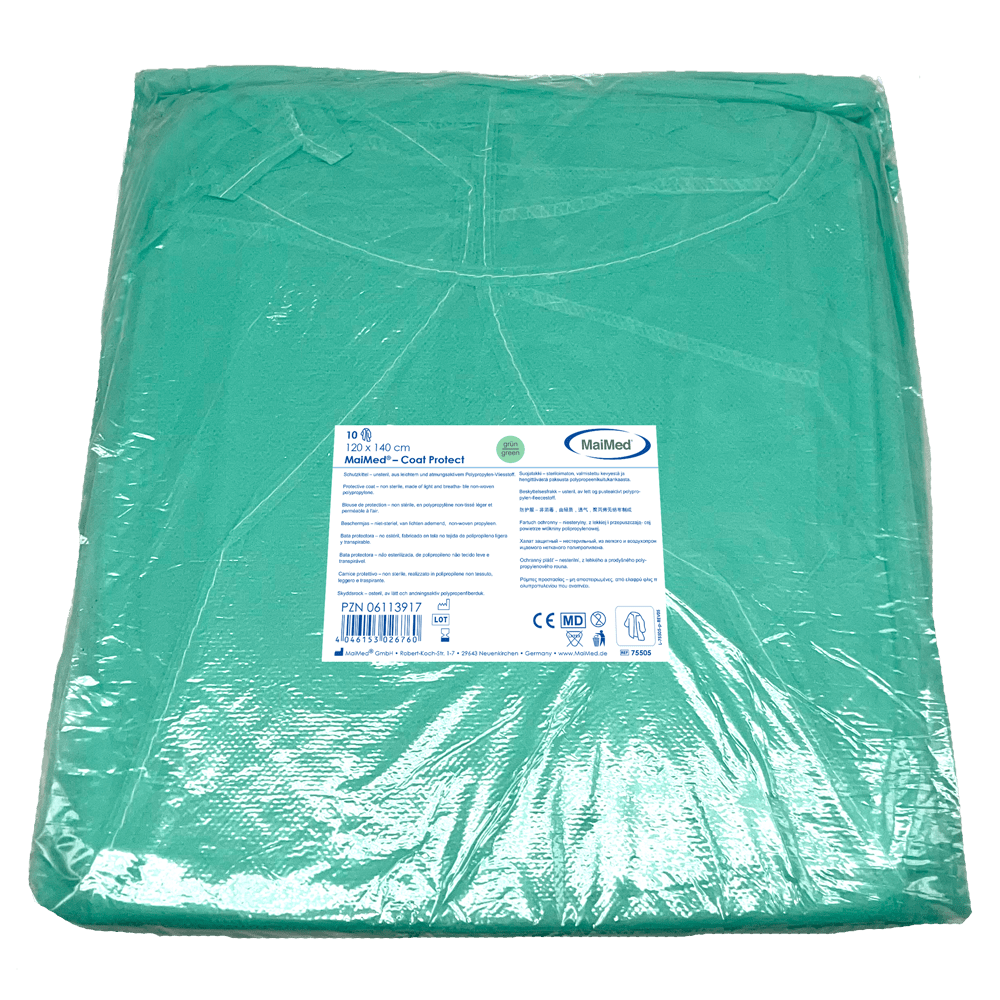 MaiMed-Coat Protect, bata protetora em lã, verde não estéril, punhos elásticos, comprimento 120cm, 10 peças | Pacote (10 peças)