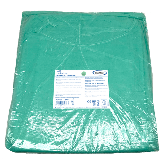 MaiMed-Coat Protect, bata protetora em lã, verde não estéril, punhos elásticos, comprimento 120cm, 10 peças | Pacote (10 peças)