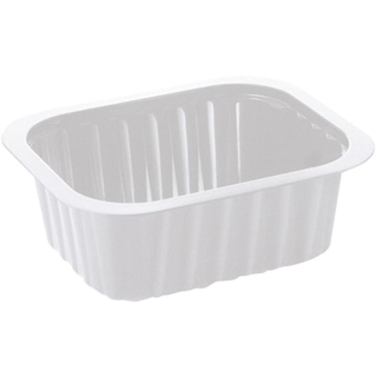 O recipiente PP Branco PP 138x114 da Duni GmbH é uma bandeja de refeição simples, retangular e branca com lados canelados e cantos arredondados, ilustrada sobre um fundo branco.