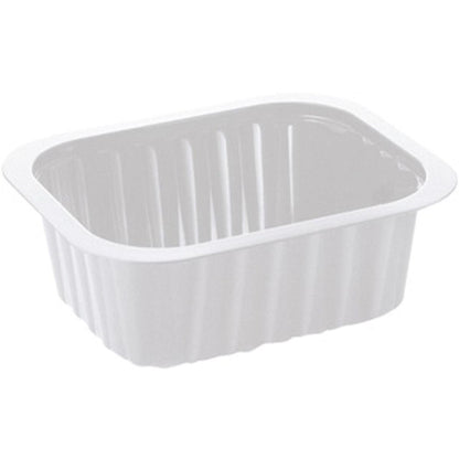 O recipiente PP Branco PP 138x114 da Duni GmbH é uma bandeja de refeição simples, retangular e branca com lados canelados e cantos arredondados, ilustrada sobre um fundo branco.
