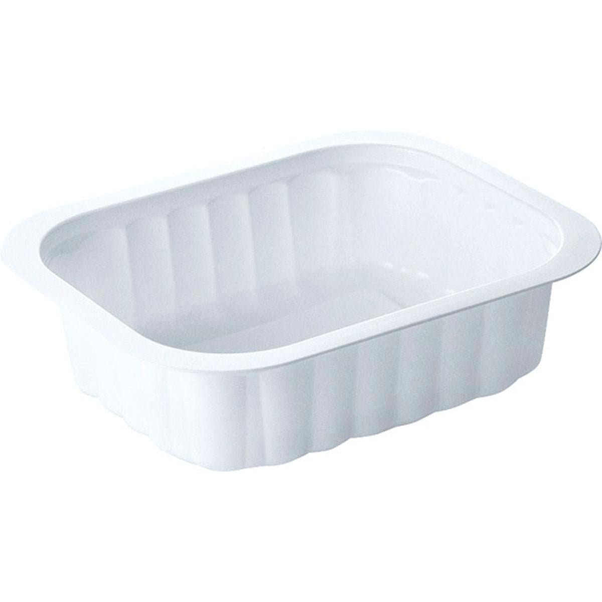 O recipiente PP Branco PP 138x114 da Duni GmbH é uma bandeja de refeição branca e retangular com lados ligeiramente inclinados e borda larga, ilustrada sobre um fundo monocromático.