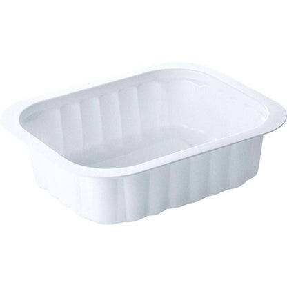 O recipiente PP Branco PP 138x114 da Duni GmbH é uma bandeja de refeição branca e retangular com lados ligeiramente inclinados e borda larga, ilustrada sobre um fundo monocromático.