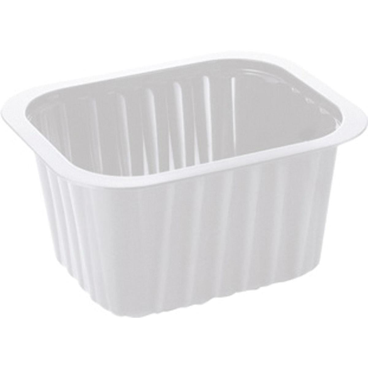 O recipiente PP Branco PP 138x114 da Duni GmbH é um recipiente branco e retangular com lados canelados e borda larga, ideal como solução de embalagem para a restauração.