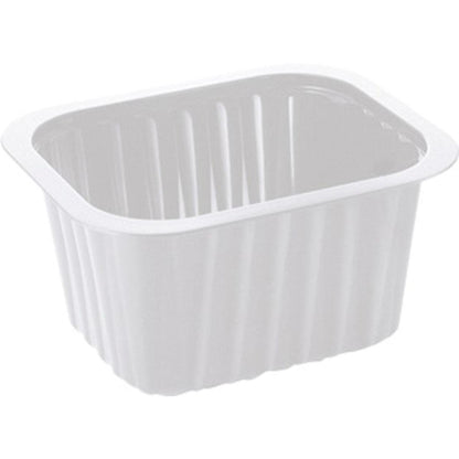 O recipiente PP Branco PP 138x114 da Duni GmbH é um recipiente branco e retangular com lados canelados e borda larga, ideal como solução de embalagem para a restauração.