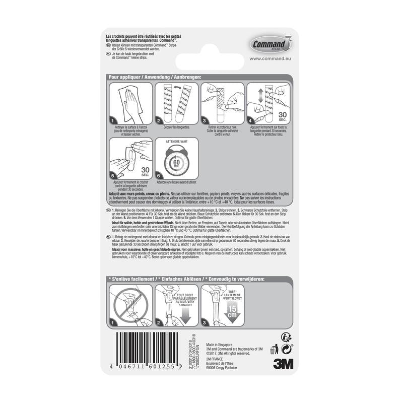 Parte traseira da embalagem dos Mini-Ganchos Command™ (transparentes, 17006CLR) da 3M com passos ilustrados para aplicar/remover as tiras transparentes, texto multilíngue e informações do produto. Ideal para ganchos transparentes ou mini-ganchos.