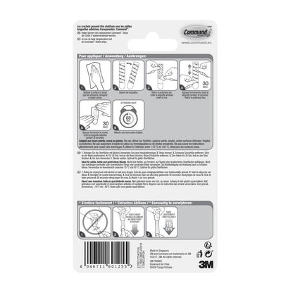 Parte traseira da embalagem dos Mini-Ganchos Command™ (transparentes, 17006CLR) da 3M com passos ilustrados para aplicar/remover as tiras transparentes, texto multilíngue e informações do produto. Ideal para ganchos transparentes ou mini-ganchos.