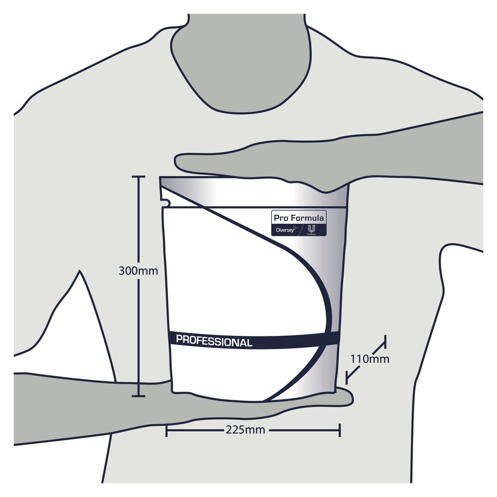 Ein Diagramm zeigt eine grau umrissene Figur, die eine rechteckige Packung Omo Professional Active Clean 3in1 Kapseln von Diversey Deutschland GmbH & Co. OHG, mit Pfeilen, die die Größe angeben: 300 mm hoch, 225 mm breit und 110 mm tief.