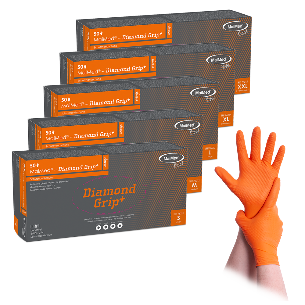 Luva de nitrilo MaiMed-Diamond Grip+ laranja, não estéril, sem látex