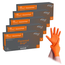 Luva de nitrilo MaiMed-Diamond Grip+ laranja, não estéril, sem látex