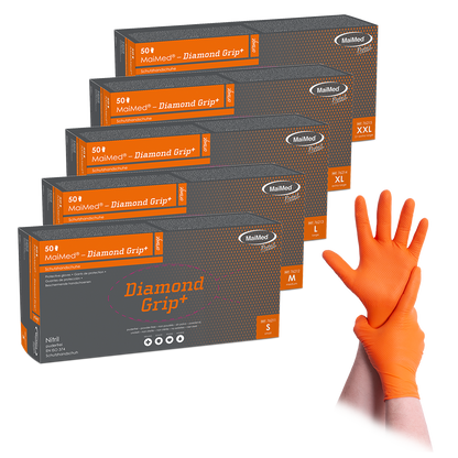 Luva de nitrilo MaiMed-Diamond Grip+ laranja, não estéril, sem látex