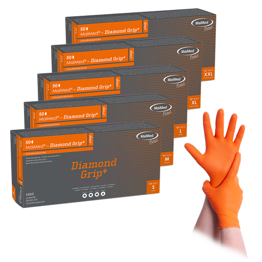 Luva de nitrilo MaiMed-Diamond Grip+ laranja, não estéril, sem látex
