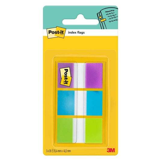 Uma embalagem de tiras autocolantes 3M Post-it® Index, padrão (25,4 mm x 43,2 mm), com 60 tiras autocolantes em várias cores num dispensador. Ideal para organizar documentos; com as marcas Post-it® e 3M Deutschland GmbH na embalagem.
