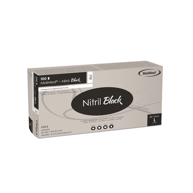 Luvas MaiMed-Nitrile Black pretas, não estéreis, sem pó e sem látex, 100 peças/caixa