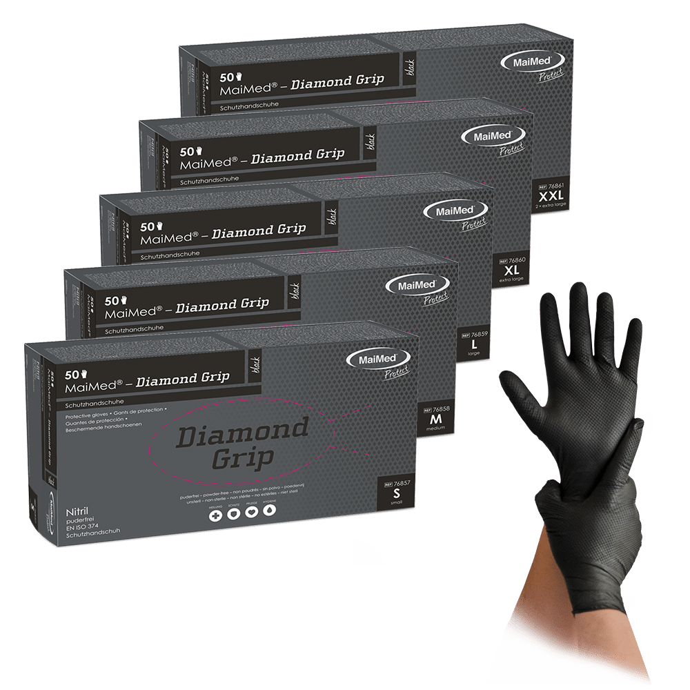 Luva de nitrilo MaiMed-Diamond Grip preta, não estéril e sem látex