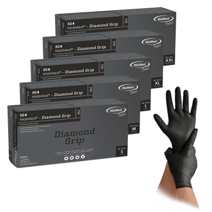 Luva de nitrilo MaiMed-Diamond Grip preta, não estéril e sem látex