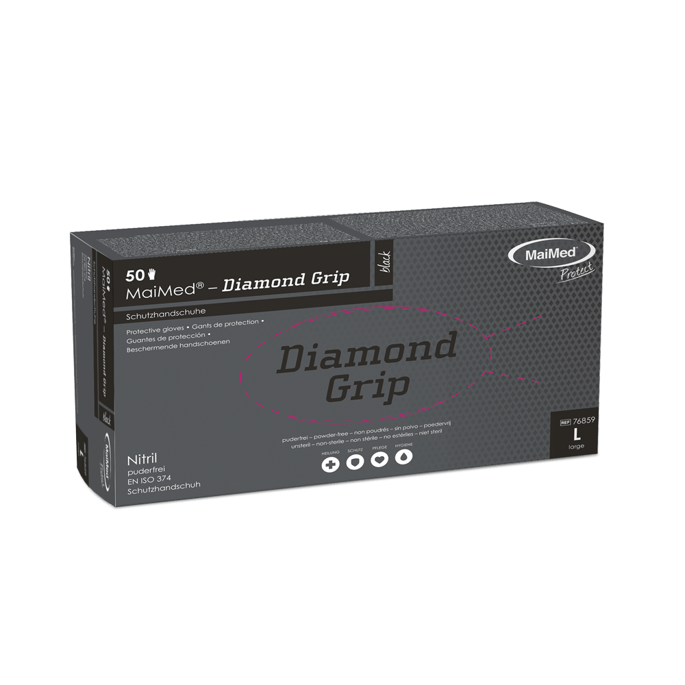Luva de nitrilo MaiMed-Diamond Grip preta, não estéril e sem látex