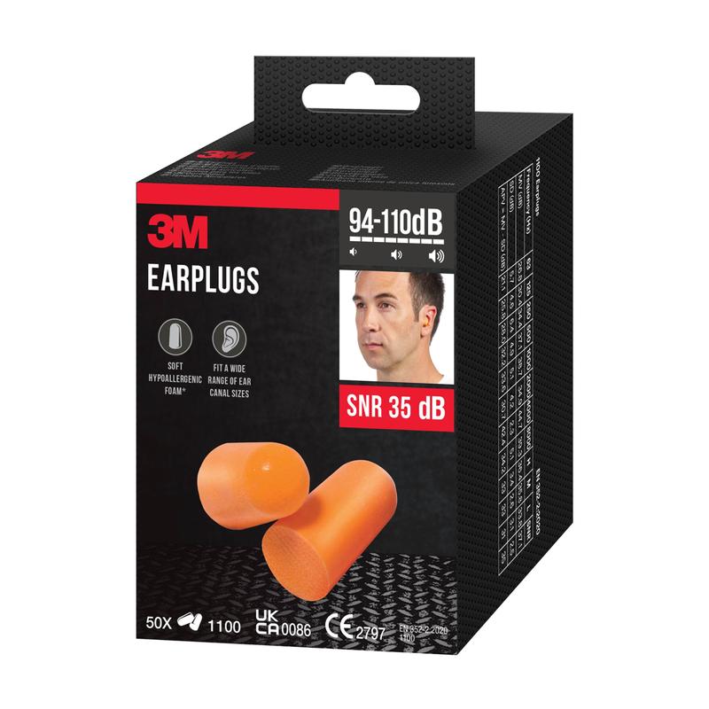 Uma caixa preta 3M™ da 3M Deutschland GmbH contém 50 pares de tampões auditivos 1100 de espuma macia laranja (SNR 35 dB), para diferentes tamanhos de ouvido, com a imagem de dois tampões e um homem usando um, como indicação para uso em ambientes de 94-110 dB.