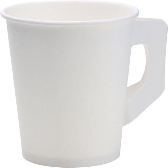 Um copo branco com alça de PAP/PE da Duni GmbH, embalagem com 80 unidades, sobre um fundo branco. O copo descartável parece vazio.