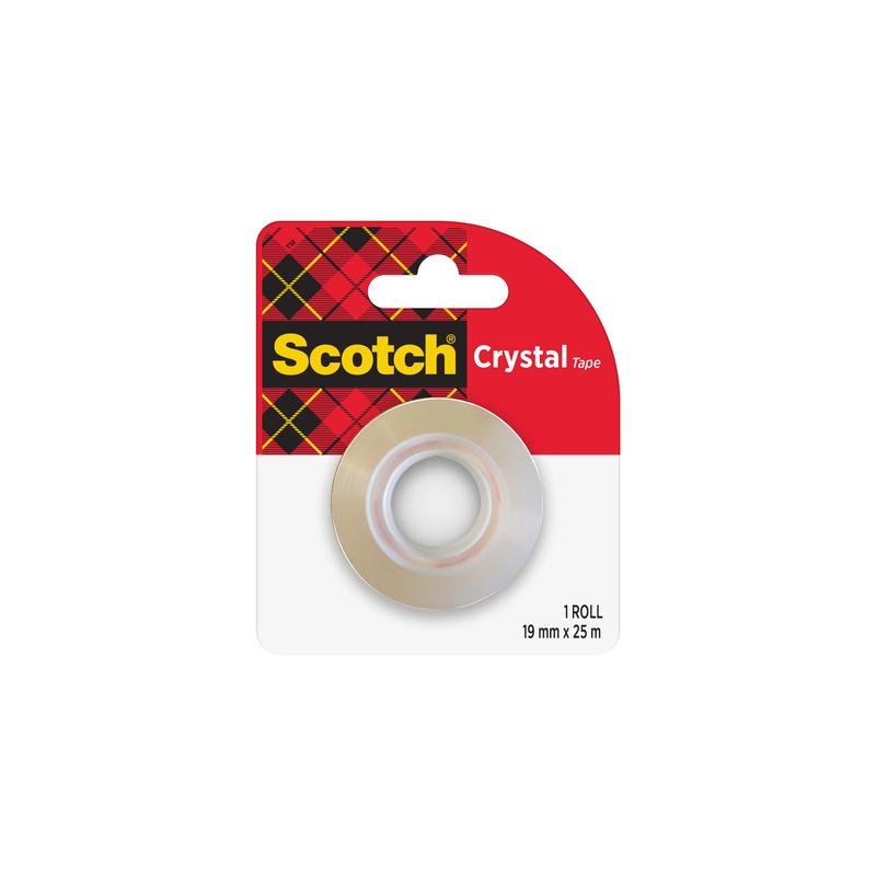 Um rolo de fita adesiva 3M Deutschland GmbH Scotch® Crystal, recarga (19 mm x 25 m), mostra um rolo de fita transparente com centro branco em uma embalagem xadrez com a inscrição "Scotch Crystal Tape", que contém um rolo.