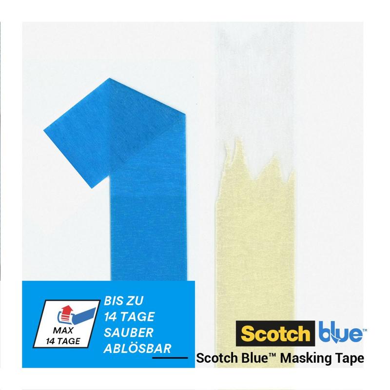 Uma tira de fita azul forma um "1" ao lado de uma tira de fita adesiva de cor sólida. Texto em alemão e logotipos mostram que se trata da fita de mascaramento ScotchBlue™ "Multi-Surface" da 3M Deutschland GmbH, que pode ser removida em até 14 dias.