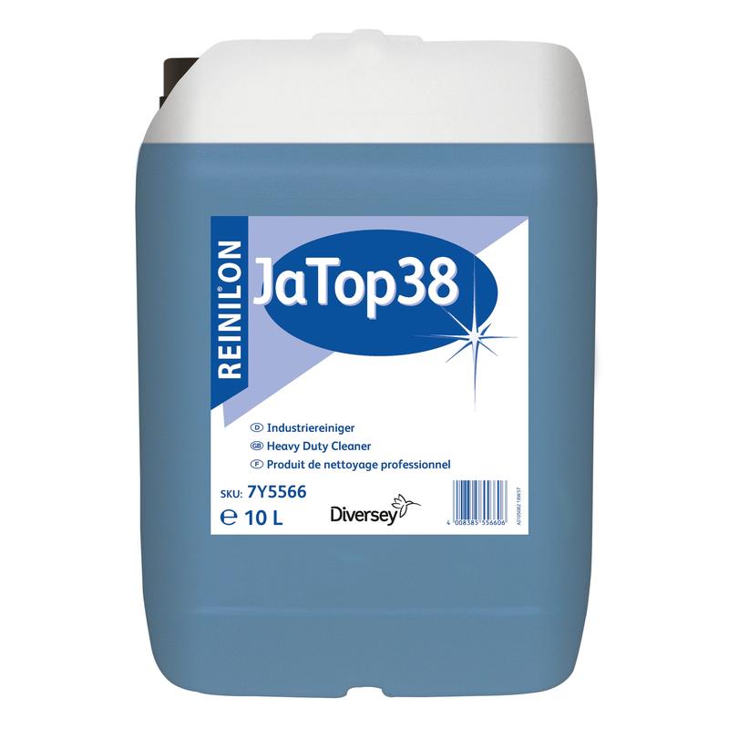 Um recipiente de 10 litros de Reinilon Ja-Top 38 Limpeza Industrial da Diversey Deutschland GmbH & Co. OHG destaca-se por um líquido azul, uma fórmula ecológica e um rótulo com informações do produto e um código de barras na frente.
