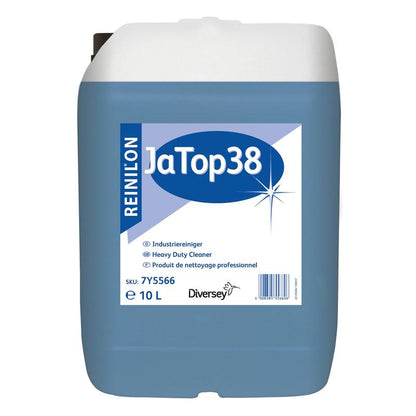 Um recipiente de 10 litros de Reinilon Ja-Top 38 Limpeza Industrial da Diversey Deutschland GmbH & Co. OHG destaca-se por um líquido azul, uma fórmula ecológica e um rótulo com informações do produto e um código de barras na frente.