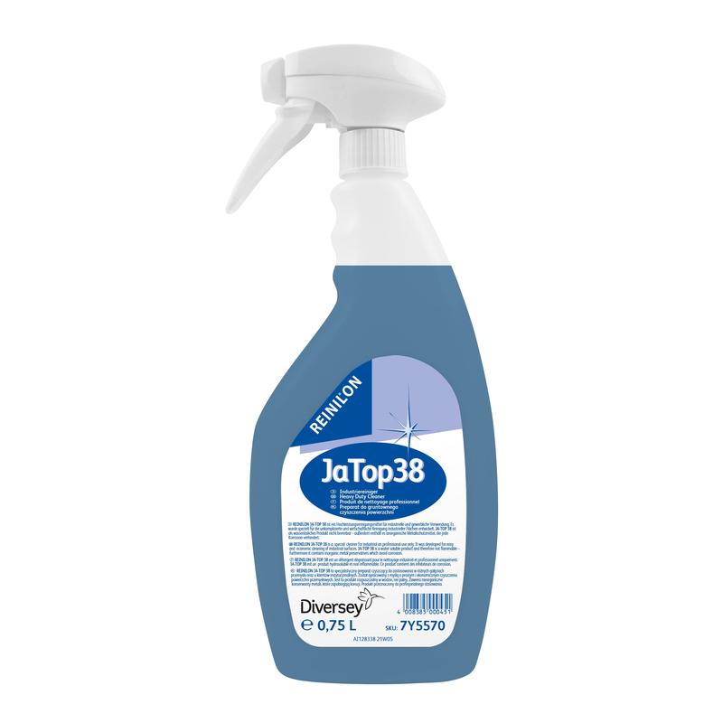 Uma garrafa de spray de plástico com líquido azul, rotulada com "Reinilon Ja-Top 38 Limpeza Industrial", da Diversey Deutschland GmbH & Co. OHG, contém 0,75 l e indica no rótulo uma composição ecológica.